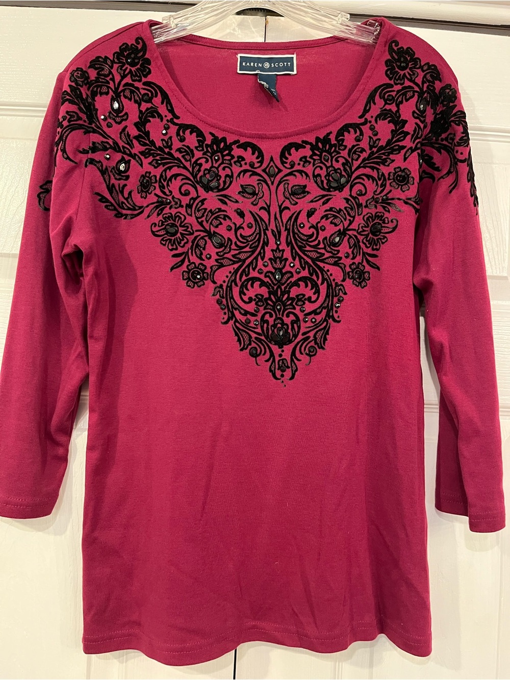 Karen Scott Magenta Long Sleeve Scoop Neck Top with Black Flocked Floral